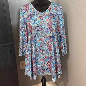 Enmain Paisley Tunic Medium Boho Top Stretch 3/4 Sleeve Colorful Blouse Retro